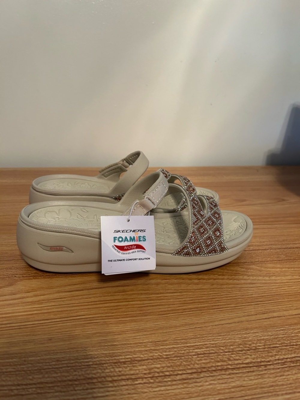 Skechers Foamies Beaded Slide Sandals in Light Beige with Rose-Gold Accents